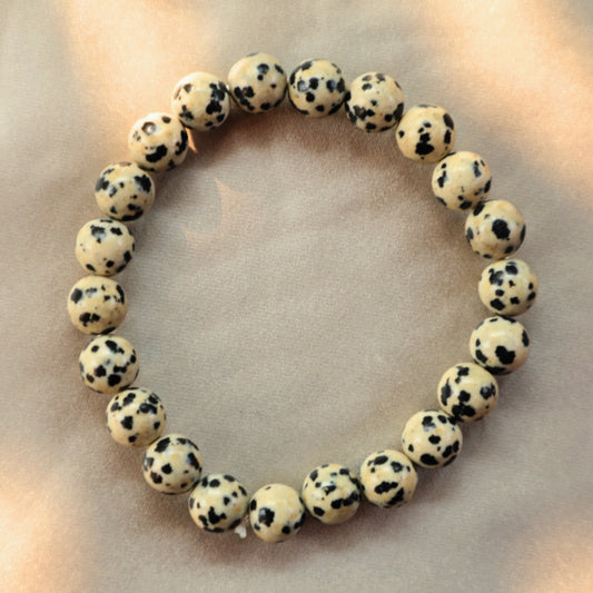 Dalmatian Jasper crystal with a cream base and black spots, symbolizing joy, protection, grounding, and playfulness—ideal for emotional balance and inner child healing.
