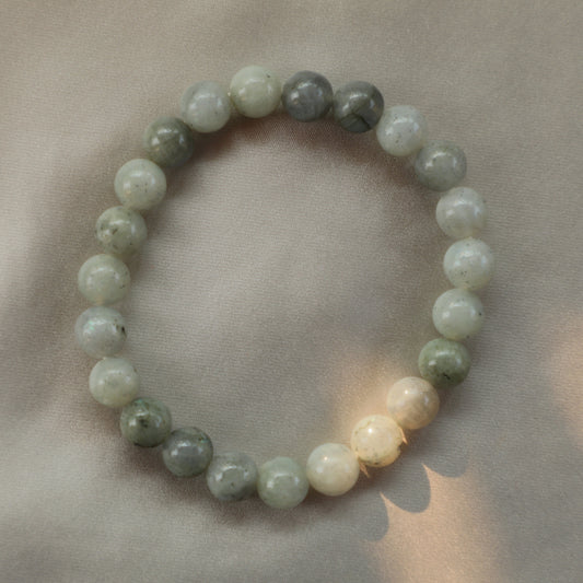 Iridescent Rainbow Moonstone crystal with luminous flashes of blue and white, symbolizing intuition, balance, and new beginnings.