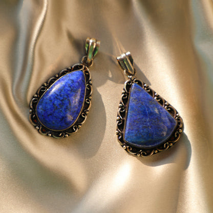 Lapis Lazuli crystal with deep royal blue color and golden pyrite flecks, symbolizing wisdom, intuition, and self-expression. Ideal for Third Eye and Throat Chakra work.